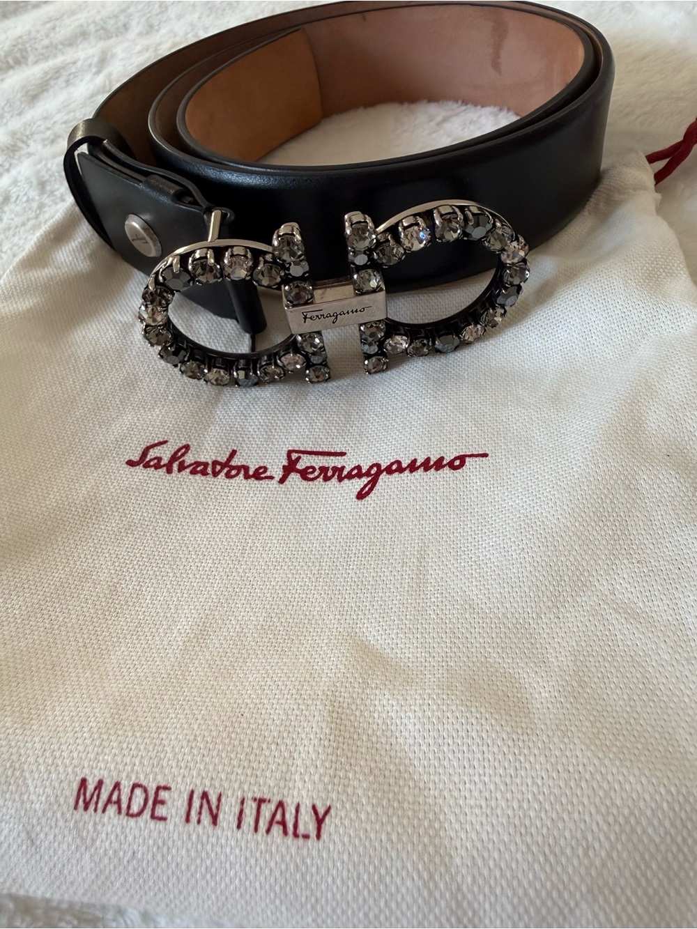 Salvatore Ferragamo Black Leather Belt with Crystal Double Gancini Buckle - Picture 3 of 7